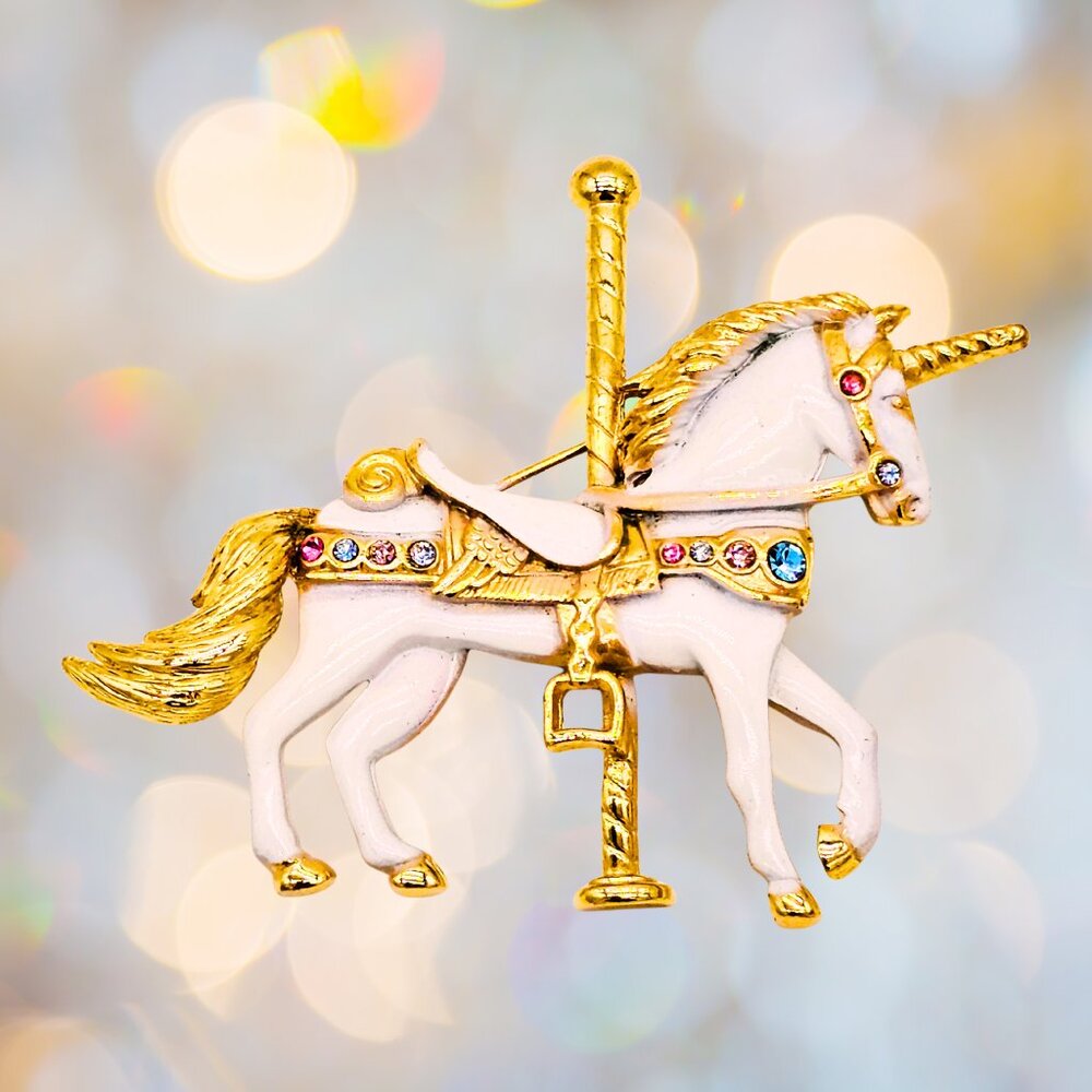 VTG Carousel Unicorn Brooch – White Enamel, Gold-Tone & Multi-Color Rhinestones - Picture 5 of 7